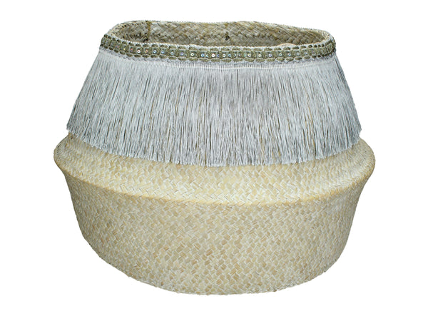 Boho Dekokorb mit silbernen Fransen, Aufbewahrungskorb, Pflanzkorb, vintage-weiß, groß