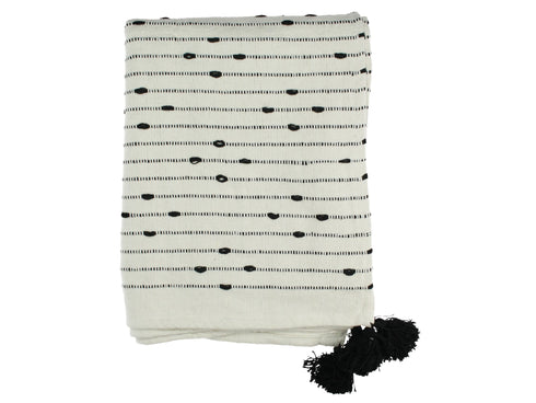 Boho Decke mit Quasten, Aztek Ethno Plaid, Tagesdecke, Überwurf, creme-schwarz