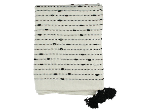 Boho Decke mit Quasten, Aztek Ethno Plaid, Tagesdecke, Überwurf, creme-schwarz