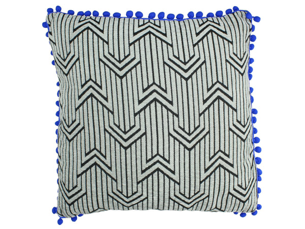 Modernes Dekokissen Ethno schwarz-weiß, gewebt mit blauen Bommeln, Sofakissen, 45x45