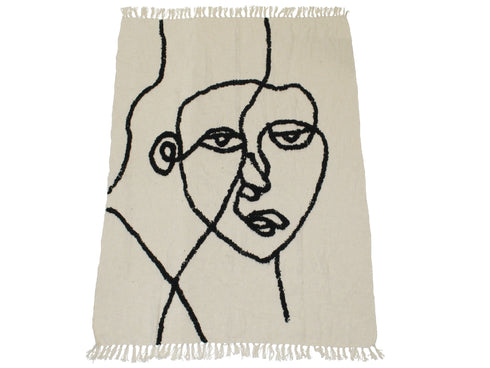 Boho Wohndecke, Wanddeko Face, Tagesdecke, Überwurf, creme-schwarz