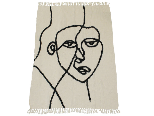 Boho Wohndecke, Wanddeko Face, Tagesdecke, Überwurf, creme-schwarz