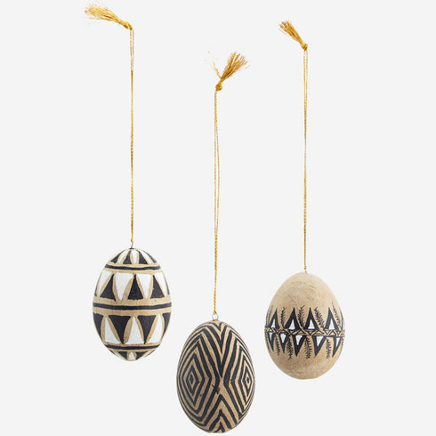 Madam Stoltz, Boho Dekohänger Ethno, Pappmache Eier 3er-Set, natur-schwarz-weiß