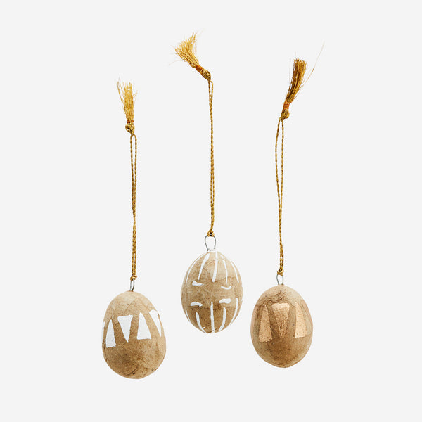 Madam Stoltz Anhänger-Set Ostereier handbemalt, sand/weiß/gold, 3-tlg.