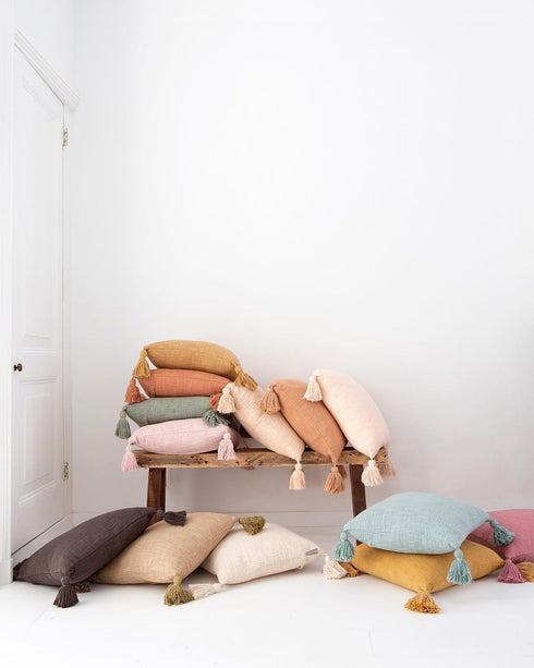 Dekokissen mit Quasten, Boho Kissen 45x45cm beige