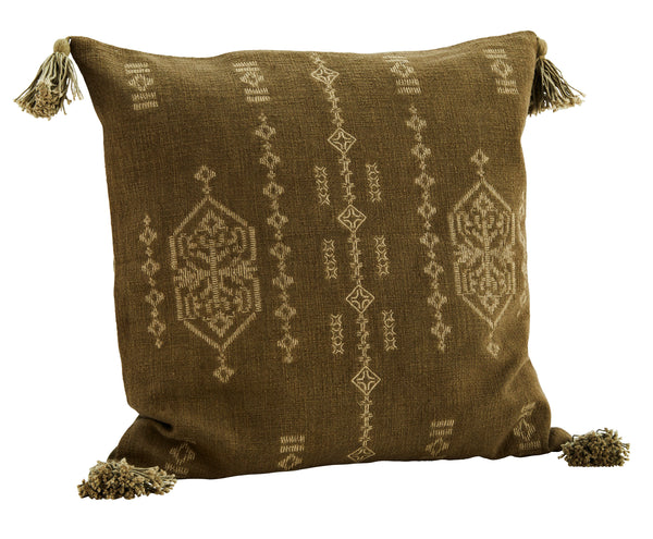 Madam Stoltz bestickte Kissenhülle Marrakesch mit Quasten, oliv
