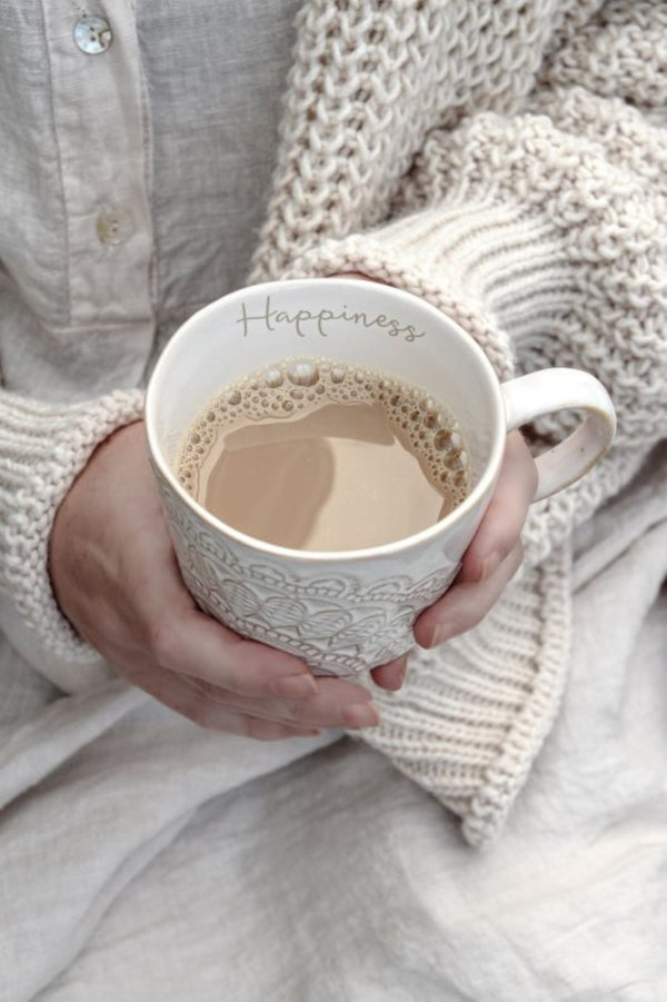 Majas Cottage Boho Kaffeebecher mit Henkel Happiness, Kaffeetasse Mandala, Vintage weiß-beige