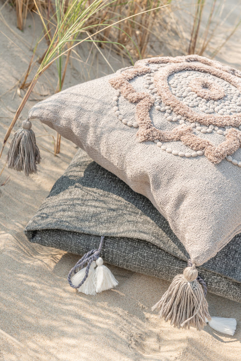 Elegantes Kissen Marrakesch, Kissen Mandala mit Stickerei und Quasten braun, 45x45cm