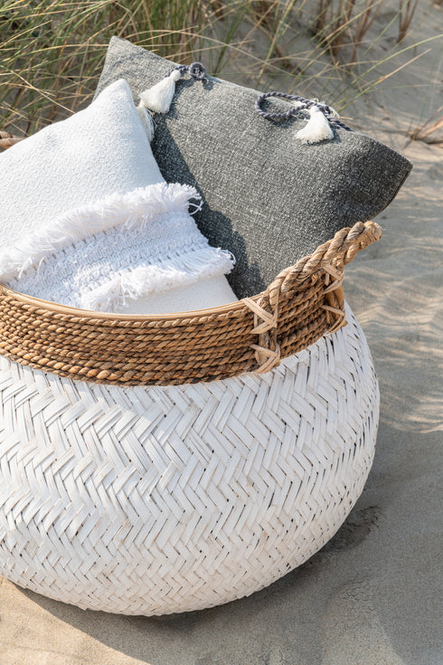 Boho Bambuskorb gross, weiß, bellybasket Ibiza, Übertopf handmade