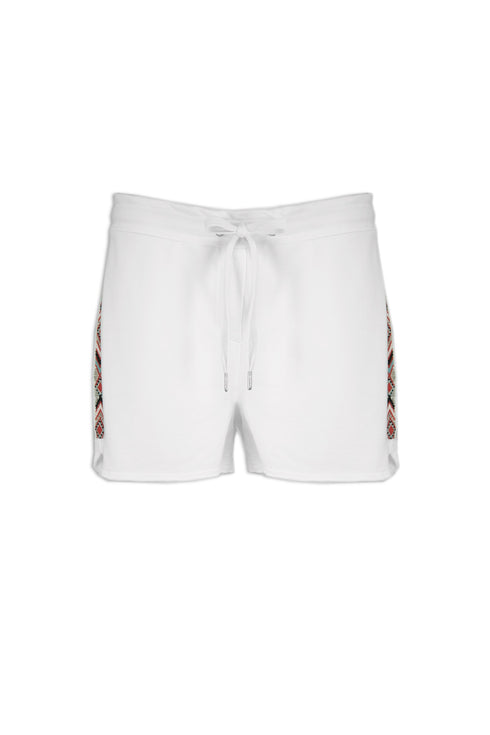 XOX Sweat Shorts, Jogger Pants kurz Ethno Muster mit Pailletten, weiß - Fair Trade