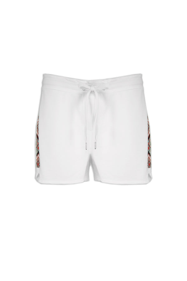 XOX Sweat Shorts, Jogger Pants kurz Ethno Muster mit Pailletten, weiß - Fair Trade