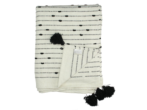 Boho Decke mit Quasten, Aztek Ethno Plaid, Tagesdecke, Überwurf, creme-schwarz